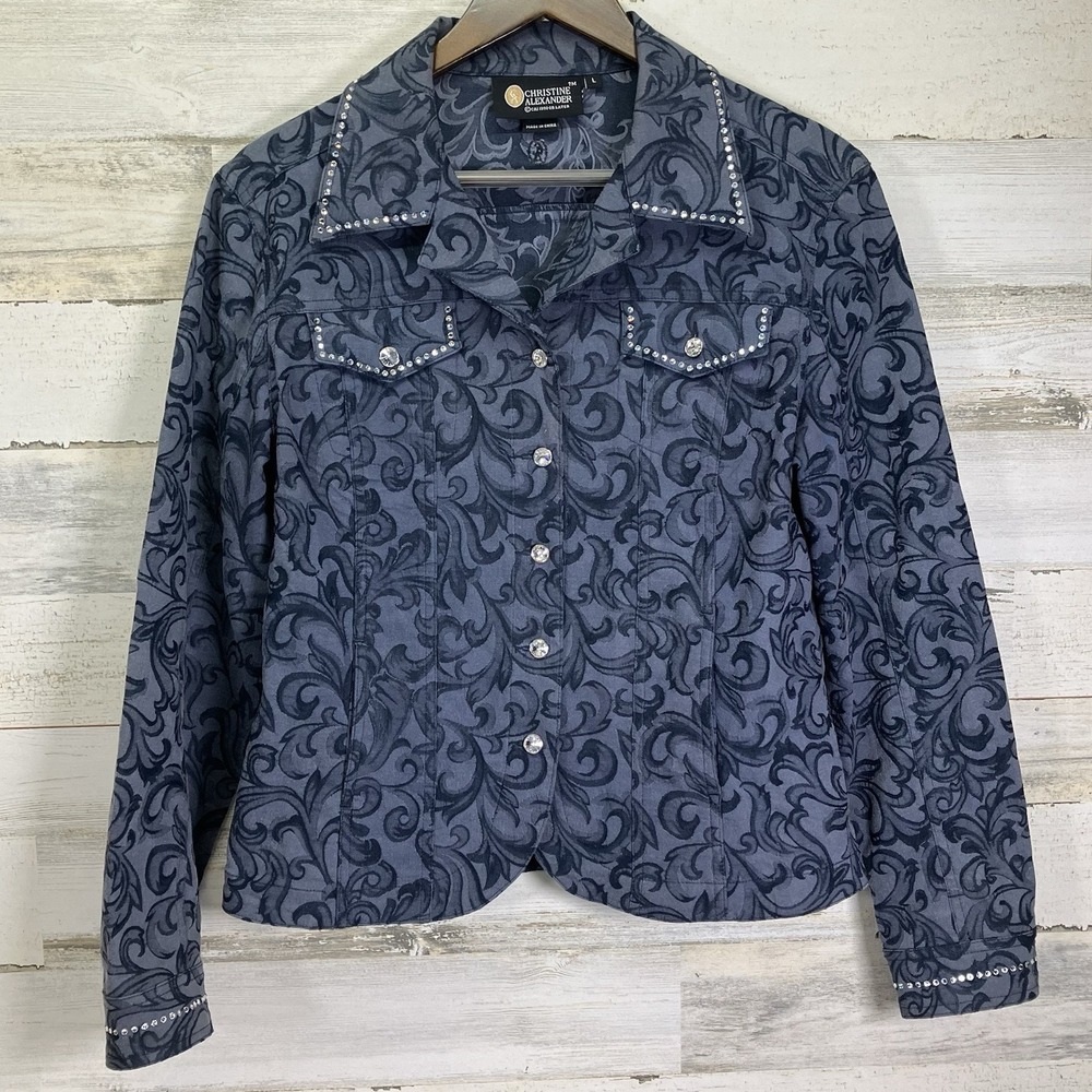 Christine Alexander Womens Blue Floral Swarovski Crystal Trim‎ & Button Jacket L